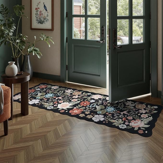 DCX Black Floral Rug 2x6, Washable Black Rug for Living Room, Kid & Pet Friendly with Rubber Back Non Slip, Soft Low Pile Carpet, Stain Resistant Rug for Bedroom, Nursery, Dining Room