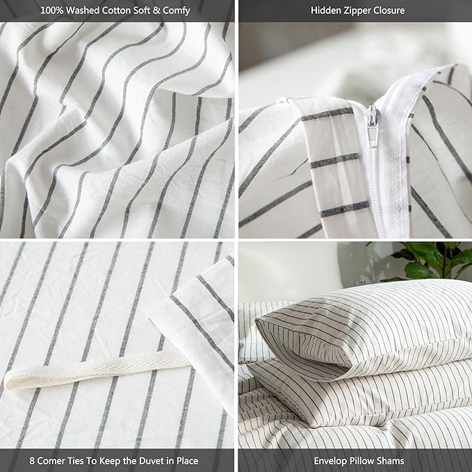 MooMee Striped Duvet Cover Set 100% Washed Cotton Linen Like Textured Breathable Durable Soft Comfy (White Dark Grey Wide Stripes, Oversized Queen 98"x98")