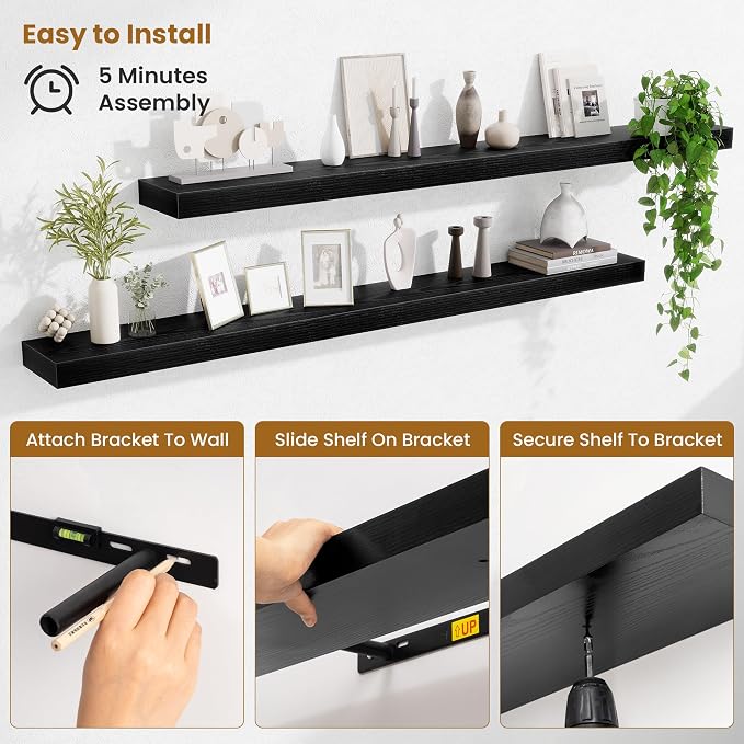 Fun Memories 55 Inch Floating Shelves Bedroom, Large Extra Floating Shelf Set of 2 with Invisible Brackets, Black