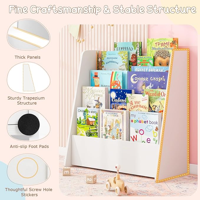 Costzon 4-Tier Kids Bookshelf, Front Facing Children Bookcase with Deep Compartments, Magazine Storage Rack for Kids Bedroom, Playroom, Nursery, Classroom, Kindergarten (White)