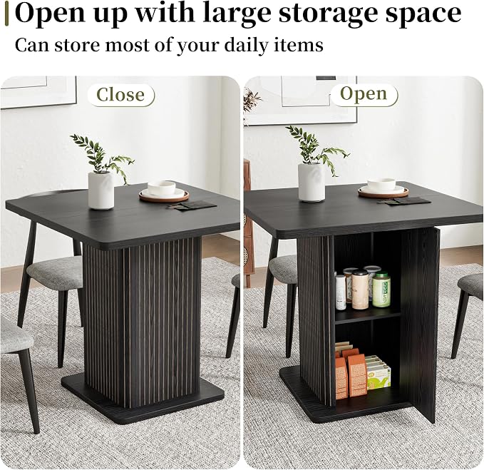 Small Black Dining Table for 2-4, 31.5 Inch Farmhouse Square Kitchen Table with 2-Tier Storage Shelf, Modern Wood Dinner Furniture with Fluted Doors, Dining Room, Living Room, Space Saving