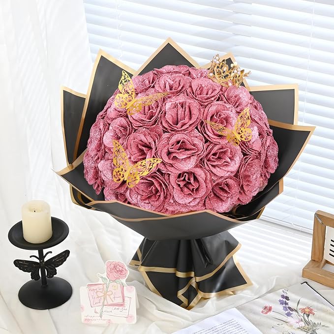 Waipfaru Glitter Roses Bouquet, DIY Fake Flowers Bouquet, Rose Gold Artificial Flower for Mothers Day Gifts, Valentines, Anniversary, Engagement, Wedding, 24 Pcs