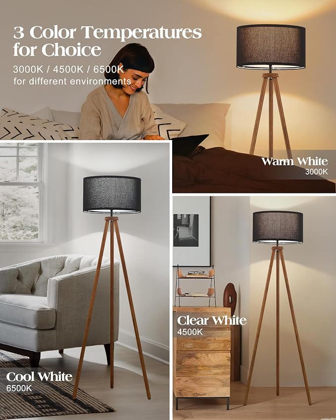 ELYONA Wood Tripod Floor Lamp Modern Standing Lamp with Black Drum Shade, Industrial Tall Reading Lamp for Office Living Room Bedroom, ETL Listed Walnut & Black, 3 Color Temperatures LED Bulb Include