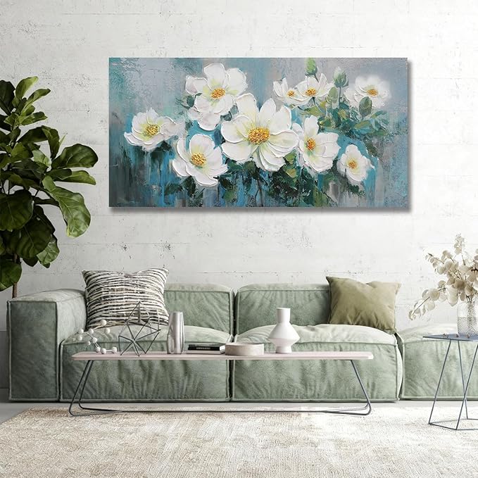 Ardemy White Floral Canvas Wall Art Extra Large Teal Textured Pictures Wall Decor Turquoise Paintings Artwork for Living Room Bedroom Home Office, 58"x29"