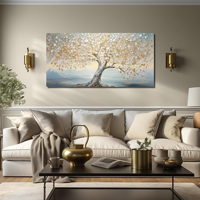 JuhaiArt Tree Canvas Art White Wall Decorations Light Blue Wall Picture for Living Room Bedroom Home Office Gold Artwork Art 24" x 48"
