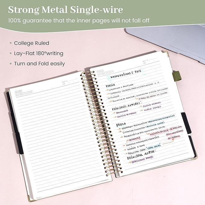 FLYING EAGLE Leather Spiral Notebooks for Work 5 Subject Notebook College Ruled with Dividers Pen, 360 Pages B5 Hardcover Lined Journals for Women Men Writing,Green