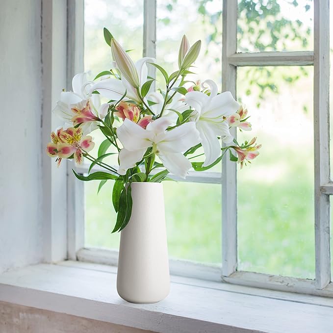 D'vine Dev 11 Inch Ceramic Flower Vase Textured Finishing, Minimalist Design for Kitchen, Bedroom, Living Room, Centerpieces, Office, Ivory, VS-XH-A-2