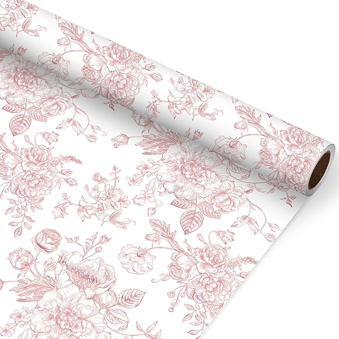 JarThenaAMCS Rose Gold Floral Wrapping Paper - Mini Roll - 17 Inch x 32.8 Ft Vintage Flower Gift Wrap Paper Decorative Art Paper for DIY Crafts Supplies