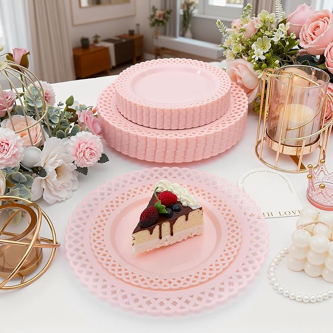 COLOSUS 60Pcs Pink Plastic Plates, Plastic Disposable Plates, Fancy Pink Scallop plates, Heavy Duty Lace Plate Set include 30 Dinner Plate 10” and 30 Salad/Dessert Plate 7.5”for Christmas