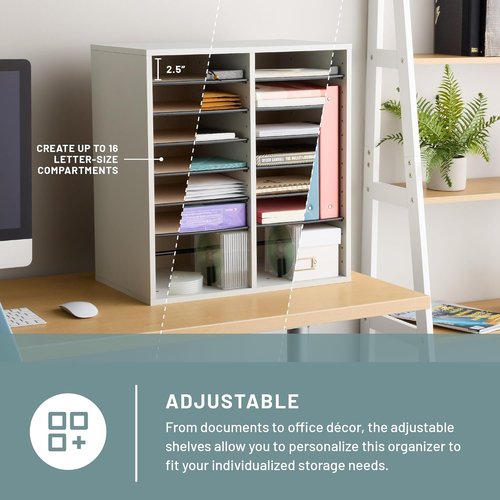 Safco 9422GR Adjustable Wood Literature Organizer - 16 Compartments, Stackable, Durable Gray Design
