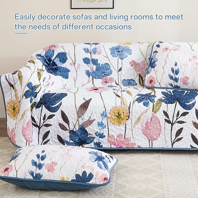 Anibedding Dark Blue Quilt Set King, Floral Bedspread Soft Microfiber Lightweight King Size Quilt Bedding Sets Flower Coverlet for All Season(King, 104"x90")