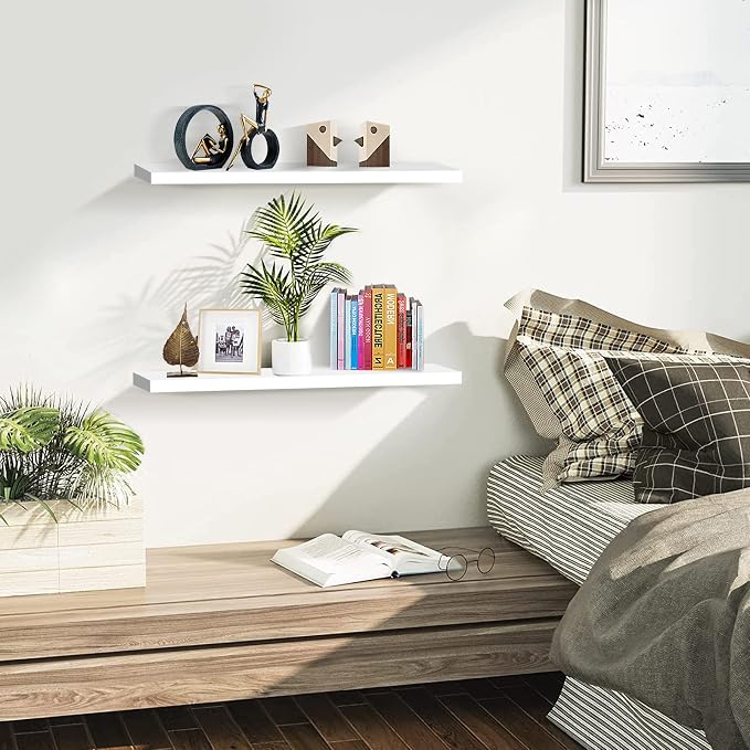 SAUMONIERES 24 Inch Floating Wall Shelves for Bedroom Bathroom Wall Mounted Solid Wood Shelf Storage Set of 2, White