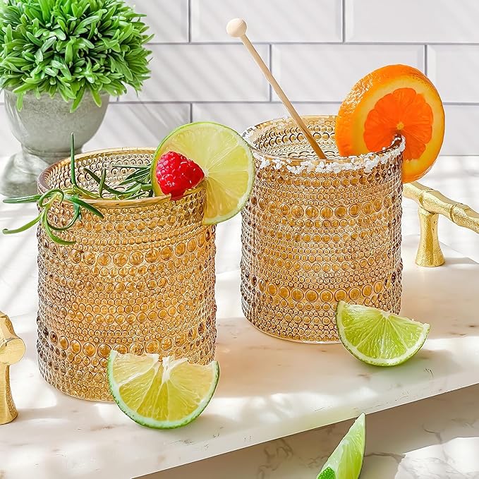 Kate Aspen Beaded Amber Drinking Glasses Set of 6-10 oz Vintage Glassware Set Jupiter Glasses, Cocktail Glass Set, Juice Glass, Water Cups Hostess Gift, Present, Gift for Newlyweds