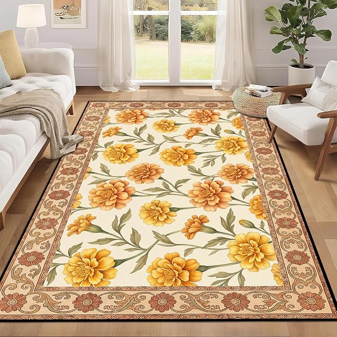 Marigold Floral Area Rug Vintage Boho Rug Bordered Non-Slip Washable Floor Mat for Bedroom Living Room Nursery Kitchen Playroom Home Decor,5'x7'