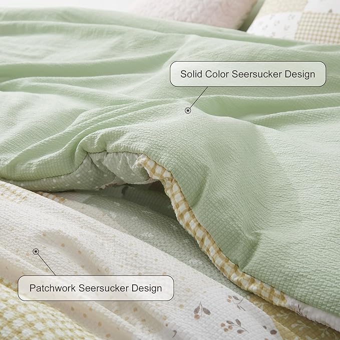 Oli Anderson Queen Comforter Set, 7 Pieces Light Green Floral Seersucker Bed Comforter, Patchwork Reversible Bed in a Bag with Comforter, Sheets, Pillowcases & Shams (Light Green, Queen)