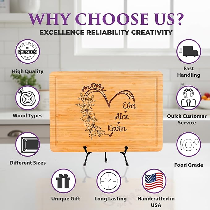 Personalized Cutting Board for Mom & Grandma – Custom Engraved Kitchen Gift with Kids’ or Grandkids’ Names | Perfect Christmas, Birthday, or Mother’s Day Gift for Mom and Grandma