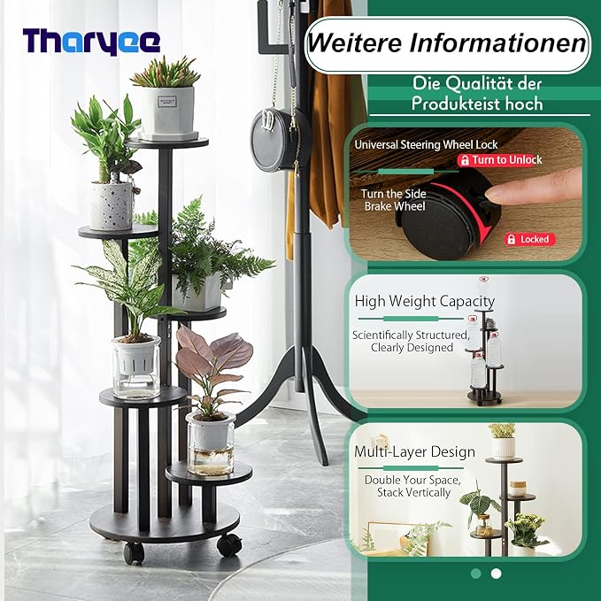 5 Tier Plant Stand Indoor, Wood Plant Shelf Corner Display Rack with Wheels, Multiple Plants Ladder Holder for Living Room Balcony Bedroom Garden Patio (Dark brown, 5 Tier)