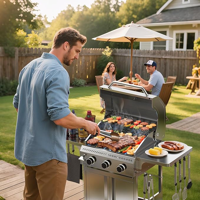 Electactic G31 Gas Grill, 3-Burner Gas Grill with Folding Side Tables,Stainless Steel 24,000 BTU BBQ Grill,Outdoor Propane Grill for Barbecue,Patio,Camping