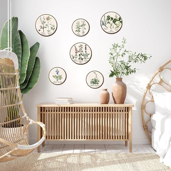 TOARTi 6pcs Boho Plant Wall Art Set(9.9”x3/7.9”x3), Minimalist Green Botanical Round Wooden Sign Vintage Plant Herbs Wall Decor Farmhouse Natural Botanical Wall Hanging for Living Room Bedroom