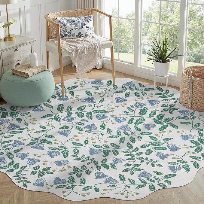 DCX Washable Botanical Floral 5x5 Roung Rug, Blue and Green Scalloped Rug, Non Slip Low Pile Carpet for Bedroom, Living Room, Kid & Pet Friendly