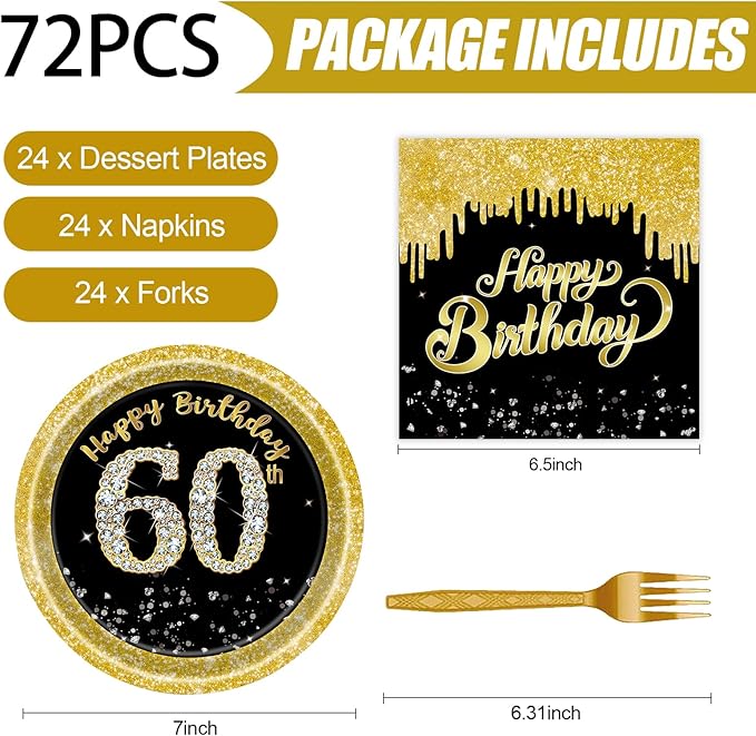 72 Pcs 60th Birthday Paper Plates and Napkins Party Supplies, Back Gold 60th Birthday Party Plates and Napkins Tableware Set for Men Women Cheers to 60 Years Decorations Serves 24