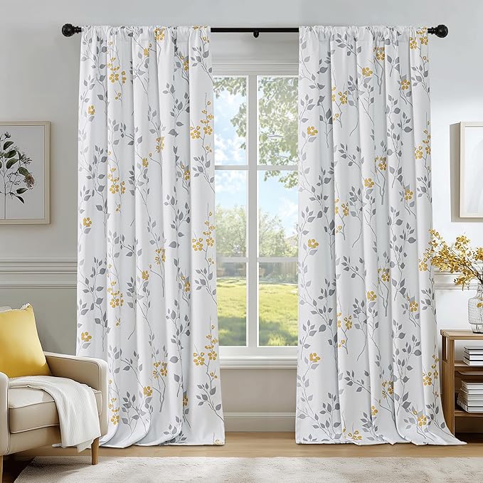 Beauoop Floral 100% Blackout Curtains 96 Inches Long 2 Panels for Bedroom Living Room Yellow Grey and White Flower Patterned Room Darkening Thermal Soundproof Rod Pocket Back Tab Window Drapes, 52X96