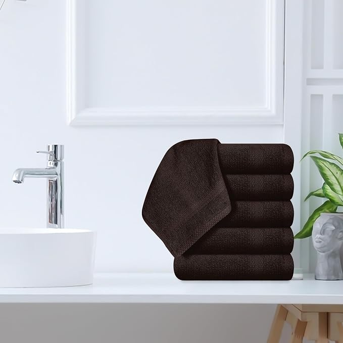 GLAMBURG Ultra Soft 12-piece Washcloths Set 13x13-100% Ringspun Cotton - Durable & Highly Absorbent Face Towels - Ideal for use in Bathroom, Kitchen, Gym, Spa & General Cleaning - Chocolate Brown