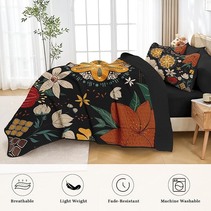 Quilt Set Twin Size, Black Tropical Floral 2 Pcs Soft Bed Cover Bedding Set, Farmhouse Botanical Lightweight Bedspread Coverlet with Pillow Sham for All Season