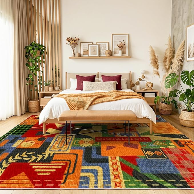 8x10 Abstract Tribal Patchwork Large Area Rug, Colorful Boho Tribal Geometric Rugs for Living Room, Non Slip Low Pile Washable Indoor Carpet Rug for Bedroom, Entryway, Dining Room, Home Office Decor