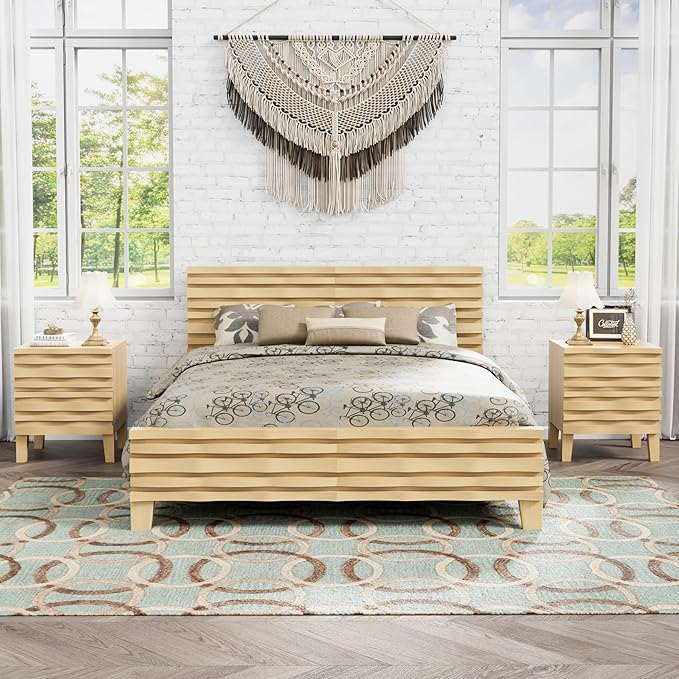 UEV Solid Wood Nightstand Set of 2, 19.7" W Boho Nightstand with 2 Drawers, Fluted Wood Night Stand, Mid Century Modern Bed Side Table for Bedroom, Ivory White
