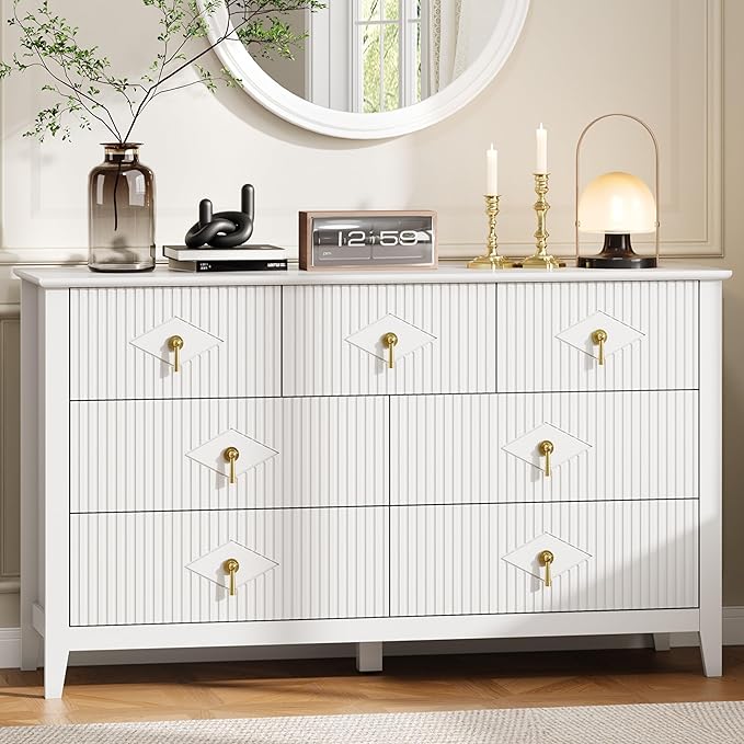 GarveeHome Fluted Dresser for Bedroom, 54 Inch Wide 7-Drawer Wood Dresser, Modern Chest of Drawers, Storage Organizer Cabinet for Living Room, Hallway, Entryway, White