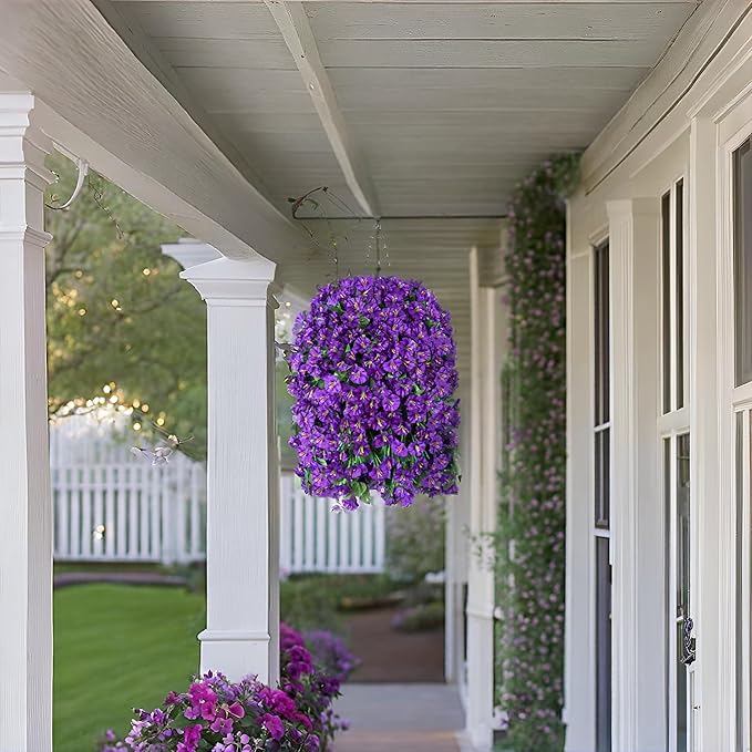 HyeFlora Artificial Faux Hanging Flowers Plants Basket for Outdoor Outside Porch Decoration, UV Resistant Fake Silk Purple Morning Glory Trailing Vines Realistic for Summer Home Balcony Yard Patio