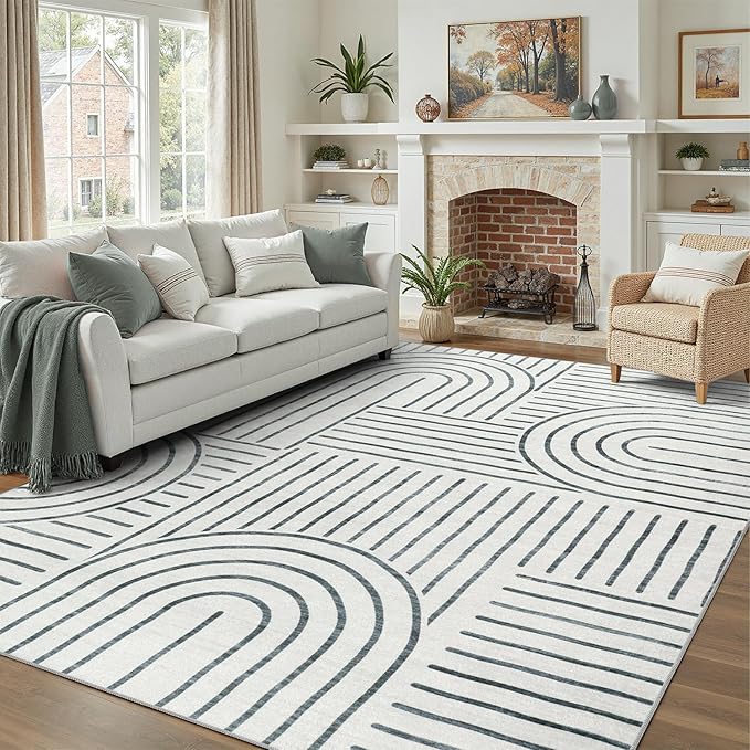 DCX Abstract Machine Washable 8x10 Rug, Gray Modern Accent Rug for Living Room, Soft Low Pile Non Slip Carpet, Kid & Pet Friendly Stain Resistant Rug for Bedroom Dining Room Office