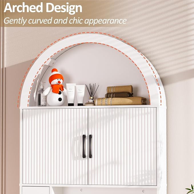 Spurgehom Over The Toilet Storage Cabinet, Bathroom Shelf Organizer Freestanding, Bathroom Arch Cabinet Over Toilet with Toilet Paper Holder and Anti-Tipping Device, White