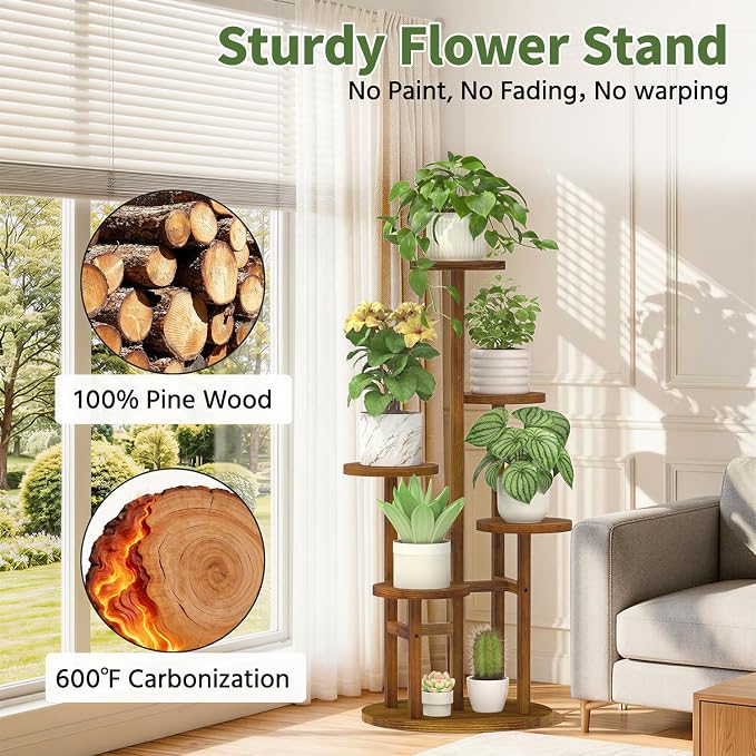 LASZOLA 5 Tiered Wood Plant Stand Indoor Corner, Flower Holder Rack Tall for Multiple Plants, Rustic Planter Shelf Display for Patio Garden Balcony Living Room