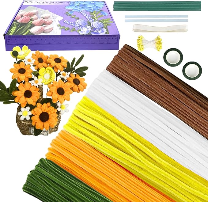 Pipe Cleaners Flower Craft Kit,Chenille Stems Craft DIY Bouquet Making Set with Floral Wires, Gardening Tape, Stamens & Ribbon for Home Decor-Holiday Decorations,Gifts - 400 Pcs (Yellow)
