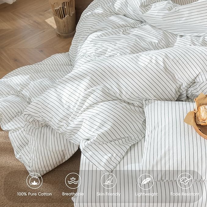 MooMee Striped Duvet Cover Set 100% Washed Cotton Linen Like Textured Breathable Durable Soft Comfy (White Heathered Green Wide Stripes, Cal King 104"x98")
