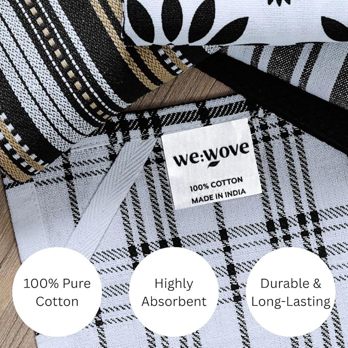 WeWove Assorted Kitchen Towels Set of 5-100% Cotton Dish Cloths Towels with Hanging Loop - Soft Absorbent Washable Reusable for Kitchen Use - Quick Drying 16x26 inch Dish Towels Black