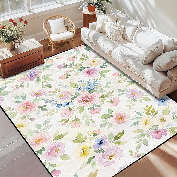 Watercolor Floral Rug 5'x7' Soft Pastel Botanical Area Rug for Entryway Bedroom Living Room Nursery Kitchen Playroom Home Decor Low Pile Non-Slip Washable Carpet
