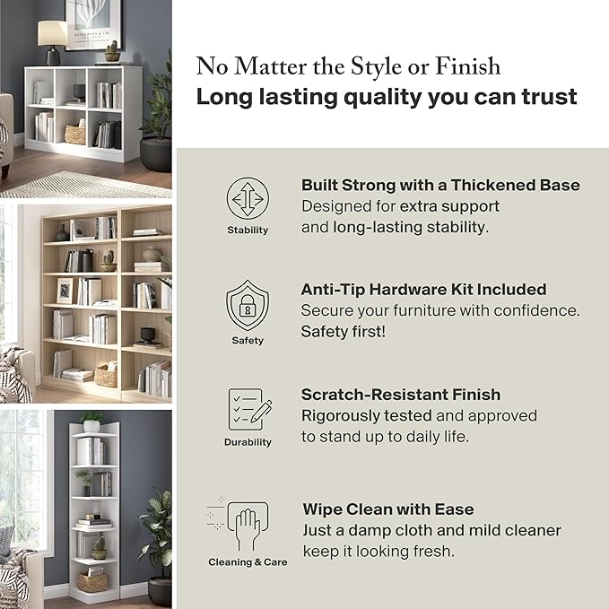 Bush Home Universal Tall 5 Shelf Bookcase in Platinum Gray, Vertical Storage and Display Bookshelf for Home Office or Living Room Organization
