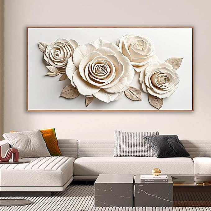 Framed White Flower Wall Art Living Room Home Wall Decor Modern Canvas Art Wall Decor 29 x 58 Inches Large Flower Wall Art Elegant Picture For Bedroom Office Artwork