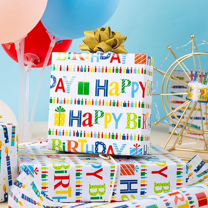 Homeral Birthday Wrapping Paper Roll - Colorful Happy Birthday Lettering & Candles, Reversible Design for Baby Shower, Party - Mini Roll - 17 Inch x 33 Feet