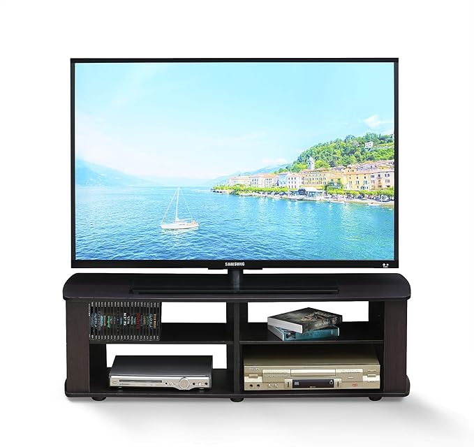 Furinno NELLY TV Stand, 3-Tier Entertainment Center with Open Shelves Storage, TV Console for TV up to 50 Inch, Soft Edges, for Living Room, Bedroom, Dark Walnut