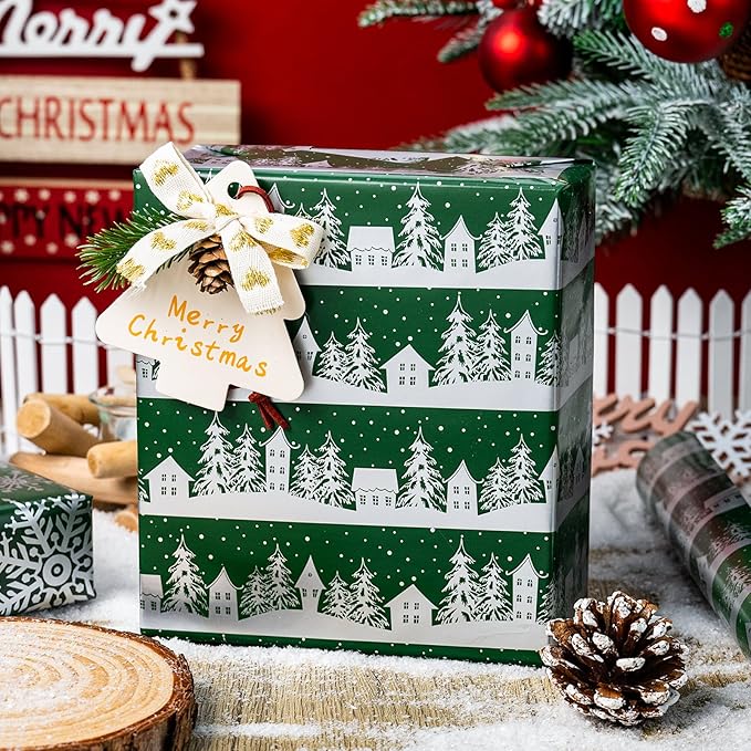 MAYPLUSS Christmas Wrapping Paper Roll, Green Gift Wrap, Vintage Green Silver Winter Forest Christmas Themed Wrapping Paper for Holiday Gift Packaging, Party(Mini Roll, 17 Inch X 16.5 Feet)