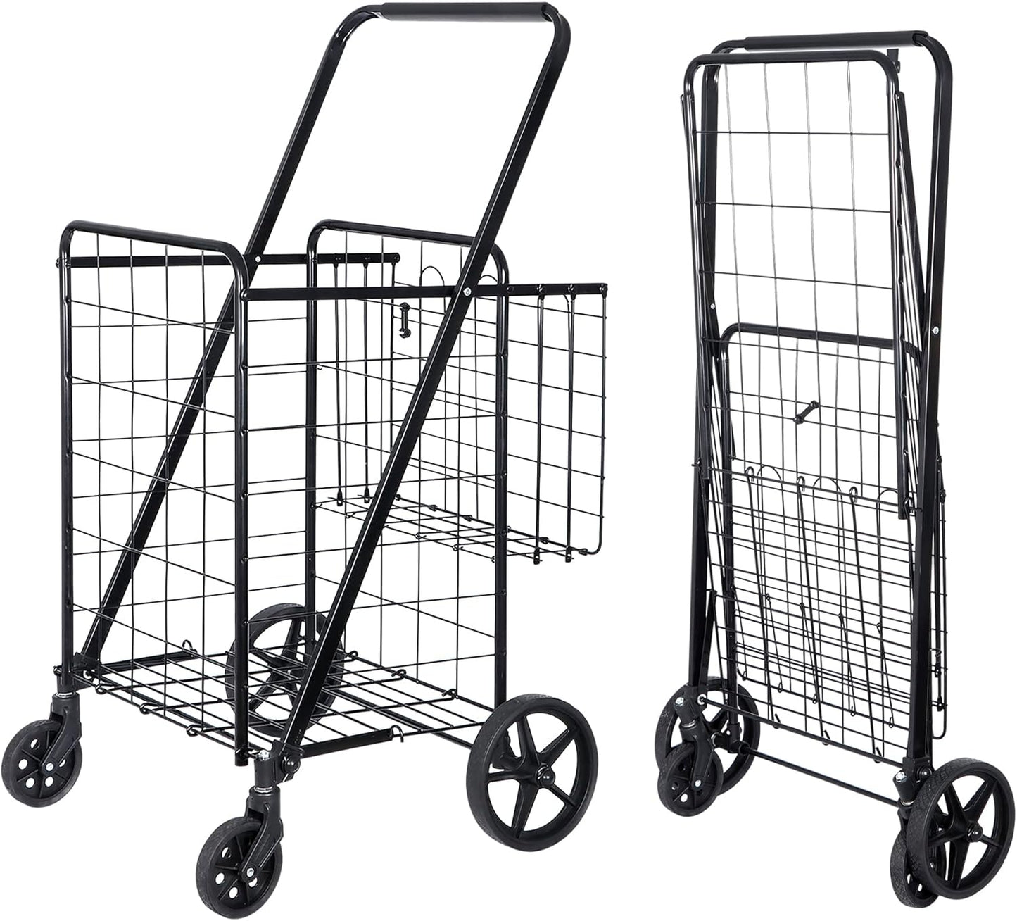 SUPER DEAL Folding Shopping Cart - Durable Wheels & Double Basket for Groceries, Black
