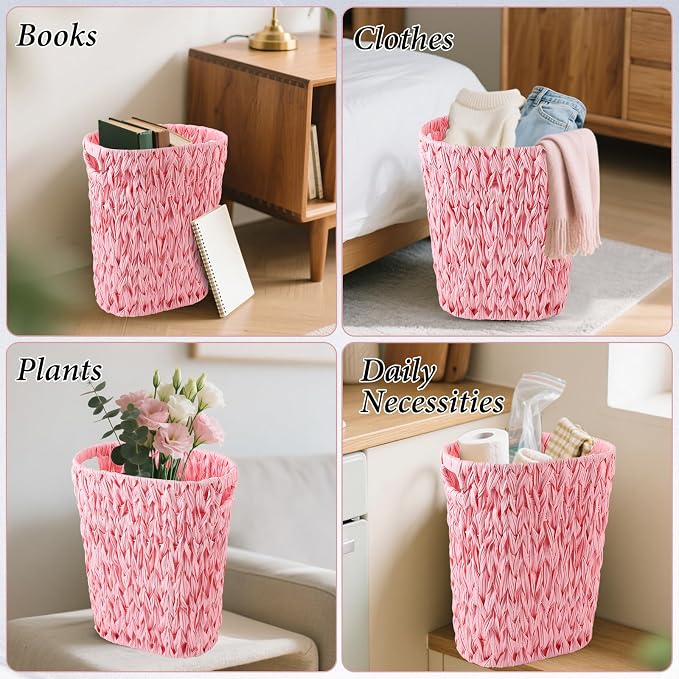 Bathroom Accessory Set, 10 Pieces Bath Set- Wicker Trash Can Tissue Box Soap Dish Toothbrush Holder Rinse Cup Lotion Bottle Toilet Brush Qtip Holder - Practical Bathroom Decor Sets (Pink, Bath Set)