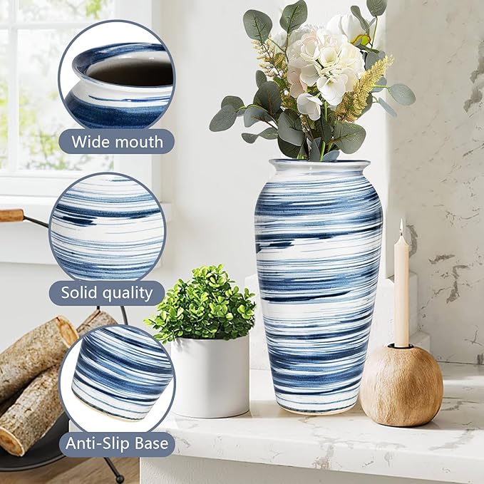 Decorative Ceramic Boho Floor Vase, 12 Inch Blue White Striped Tall Modern Flower Vase for Home Decor, Smooth Glaze Pottery Decor for Living Room,Entryway,Office,Shelf,Centerpieces Decor,Housewarming