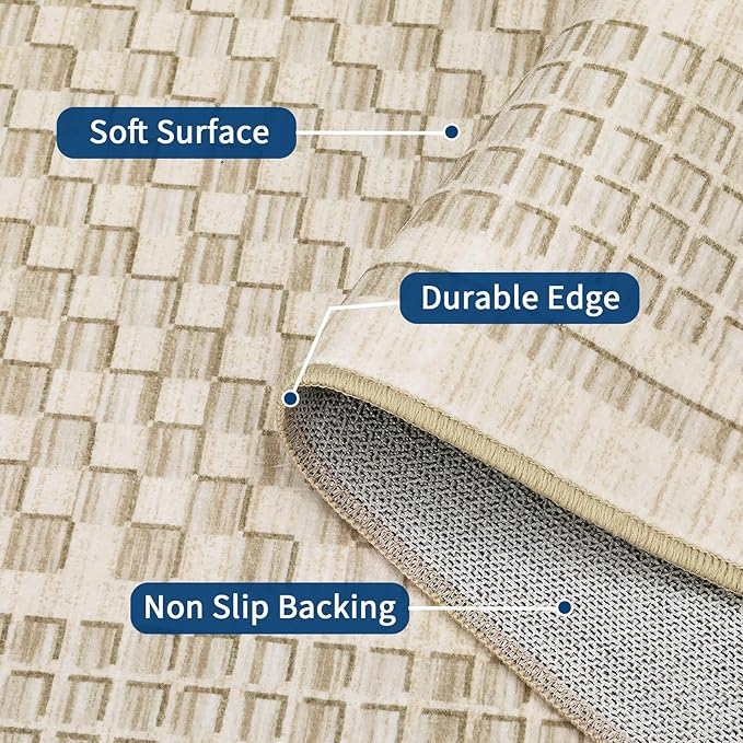 Washable Area Rugs 8x10 Rug for Living Room Modern Bedroom Rug Plaid Farmhouse Large Area Rug Non Slip Throw Rugs Soft Low Pile Stain Resistant Carpet for Dining Room 8'x10' Beige