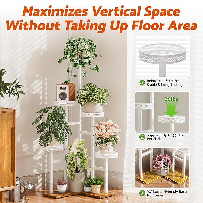 6 Tier Plant Stand, Tall Metal Wood Plant Shelf Corner Display Rack, Tiered Flower Pot Stands for Living Room Balcony Garden Patio