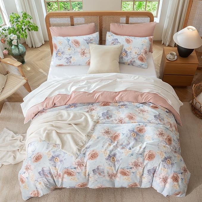 Queen Size Comforter Floral 3 Pieces Soft Chic Crinkle Gauze Fabric Peony Floral Print Lightweight Botanical Flower Comforter for All Seasons Luxury Warmth Comfy Breathable with 2 Pillowcases